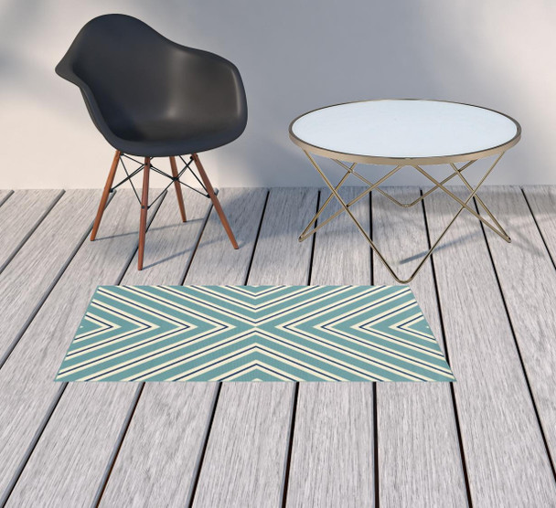 2' X 4' Blue Geometric Stain Resistant Indoor Outdoor Area Rug