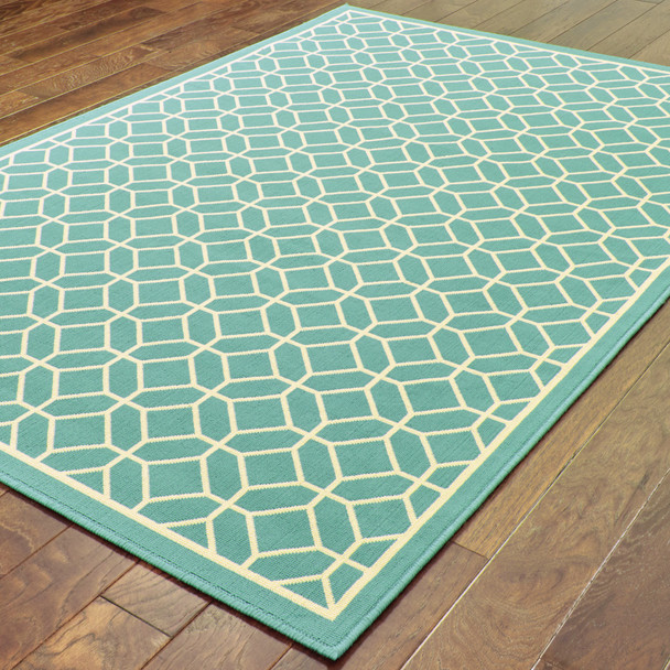 2' X 4' Blue Geometric Stain Resistant Indoor Outdoor Area Rug