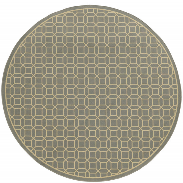 8' Round Grey Round Geometric Stain Resistant Indoor Outdoor Area Rug