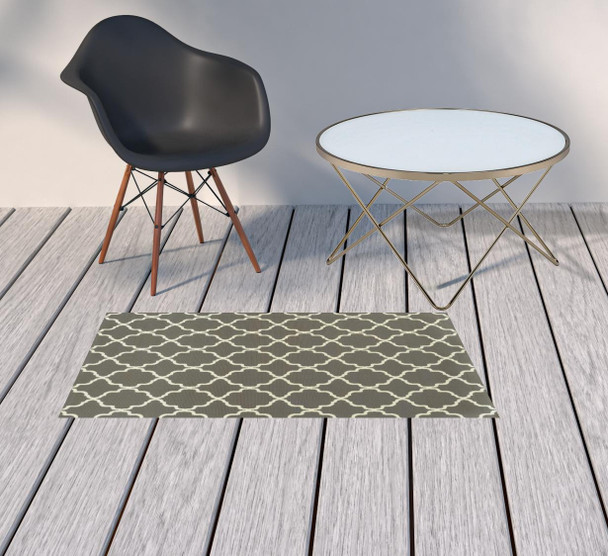 2' X 4' Charcoal Geometric Stain Resistant Indoor Outdoor Area Rug