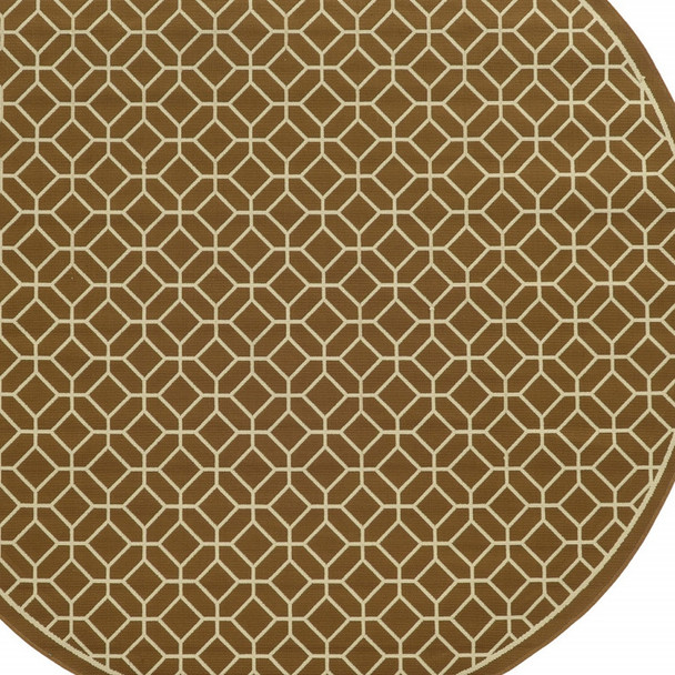 8' Round Brown Round Geometric Stain Resistant Indoor Outdoor Area Rug
