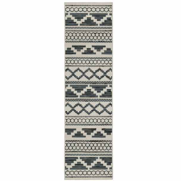 2' X 7' Beige Geometric Stain Resistant Indoor Outdoor Area Rug