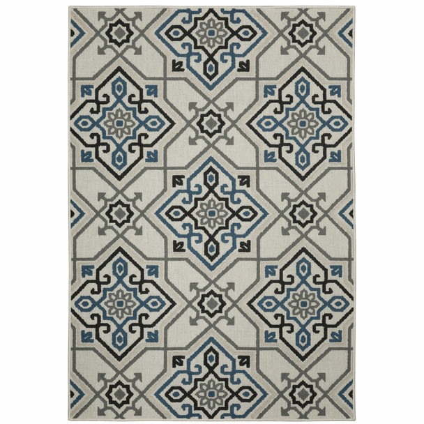 6' X 9' Beige Oriental Stain Resistant Indoor Outdoor Area Rug