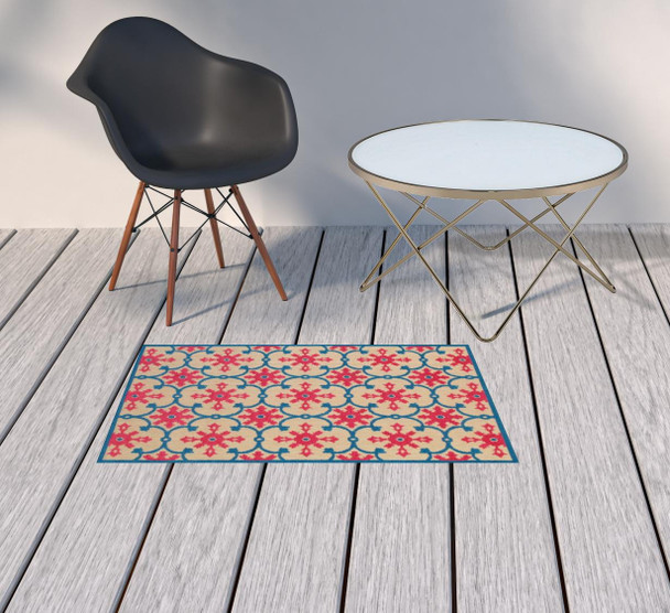 2' X 4' Sand Oriental Stain Resistant Indoor Outdoor Area Rug