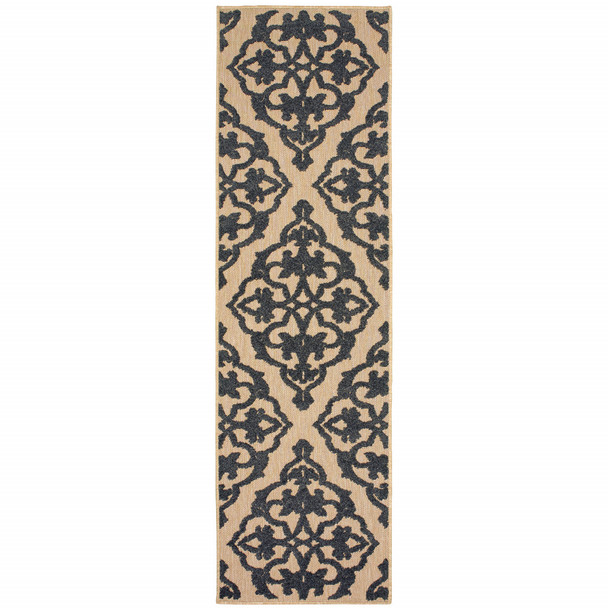 2' X 8' Sand Oriental Stain Resistant Indoor Outdoor Area Rug