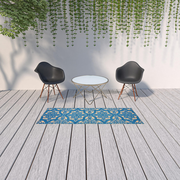 2' X 8' Sand Oriental Stain Resistant Indoor Outdoor Area Rug