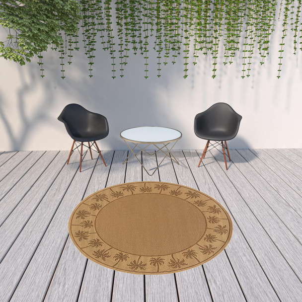 8' Round Beige Round Stain Resistant Indoor Outdoor Area Rug