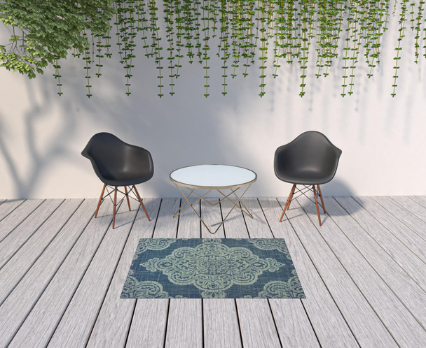 4' X 6' Navy Oriental Stain Resistant Indoor Outdoor Area Rug