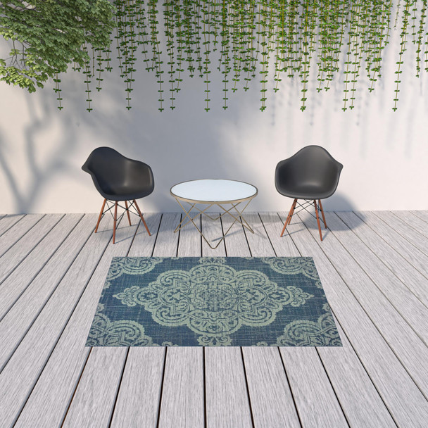 5' X 8' Navy Oriental Stain Resistant Indoor Outdoor Area Rug