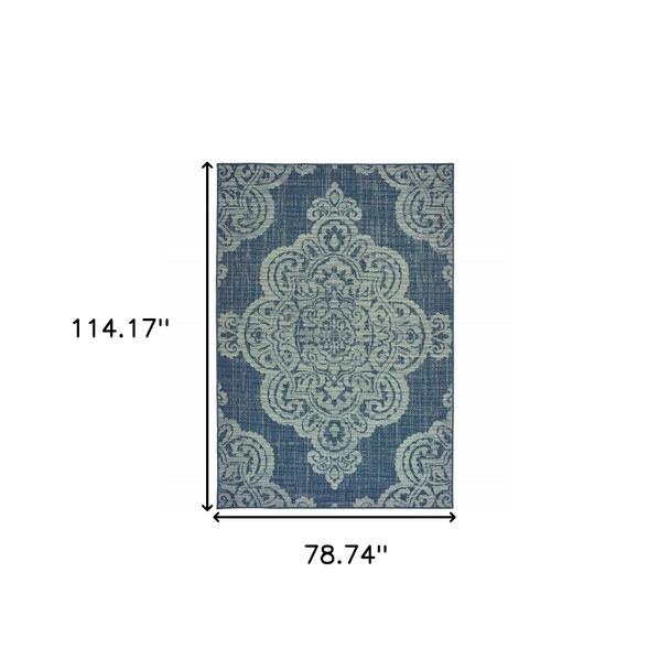 6' X 9' Navy Oriental Stain Resistant Indoor Outdoor Area Rug