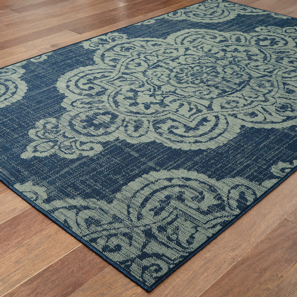 9' X 13' Navy Oriental Stain Resistant Indoor Outdoor Area Rug