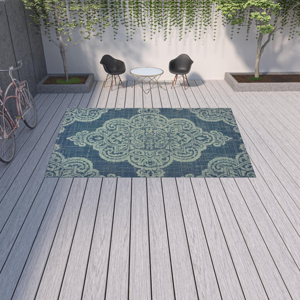 9' X 13' Navy Oriental Stain Resistant Indoor Outdoor Area Rug