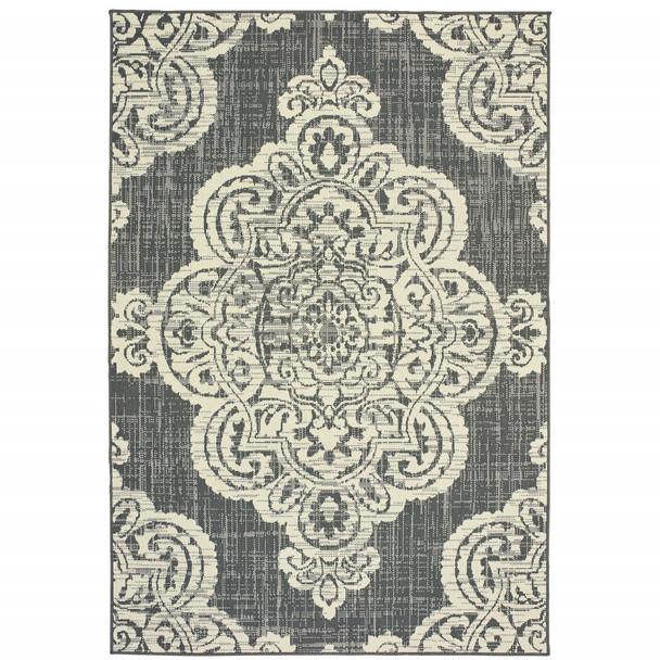 8' X 11' Grey Oriental Stain Resistant Indoor Outdoor Area Rug