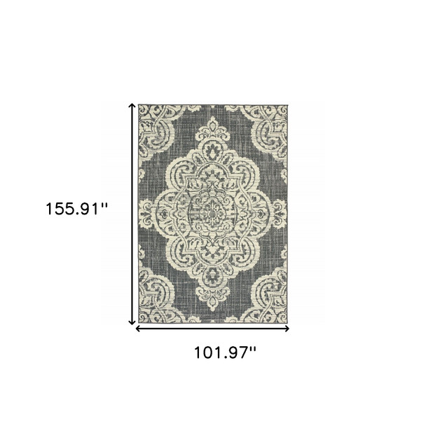 9' X 13' Grey Oriental Stain Resistant Indoor Outdoor Area Rug