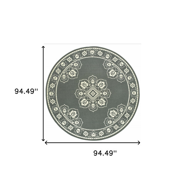 8' Round Grey Round Oriental Stain Resistant Indoor Outdoor Area Rug