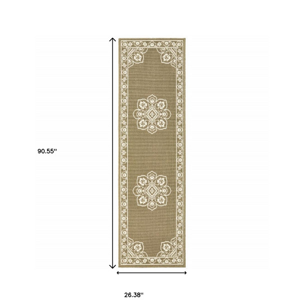 2' X 8' Tan Oriental Stain Resistant Indoor Outdoor Area Rug