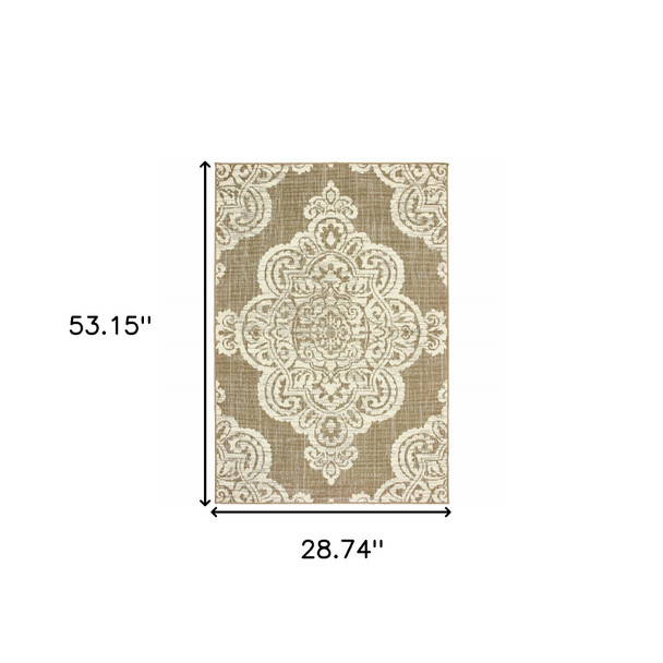 3' X 5' Tan Oriental Stain Resistant Indoor Outdoor Area Rug