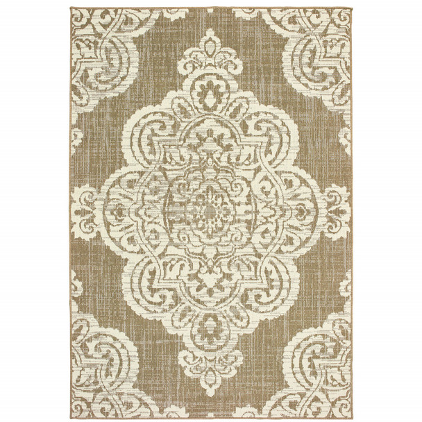 5' X 8' Tan Oriental Stain Resistant Indoor Outdoor Area Rug