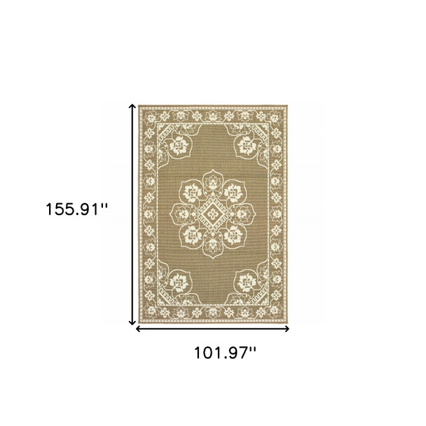 9' X 13' Tan Oriental Stain Resistant Indoor Outdoor Area Rug