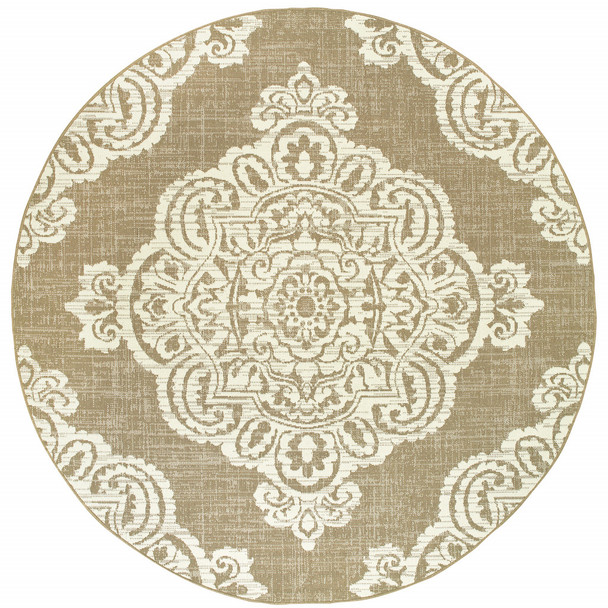 8' Round Tan Round Oriental Stain Resistant Indoor Outdoor Area Rug