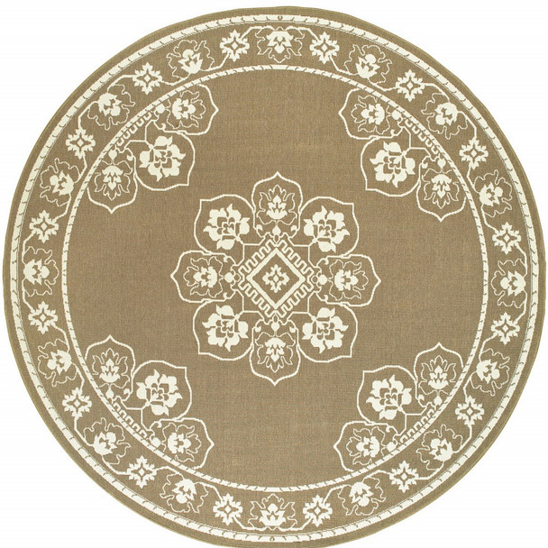 8' Round Tan Round Oriental Stain Resistant Indoor Outdoor Area Rug