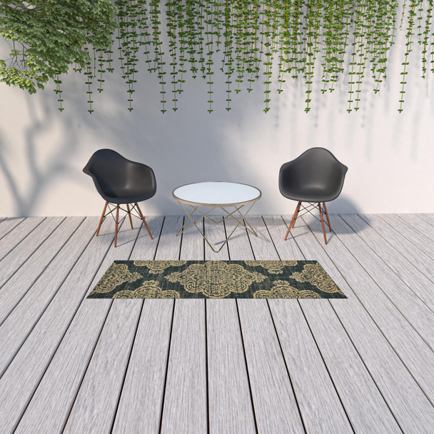 2' X 8' Black Oriental Stain Resistant Indoor Outdoor Area Rug