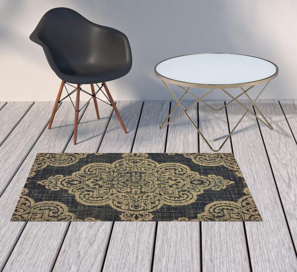 3' X 5' Black Oriental Stain Resistant Indoor Outdoor Area Rug