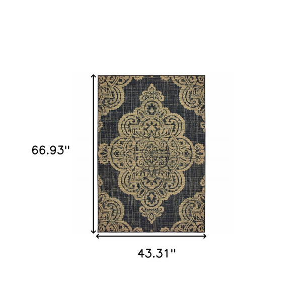 4' X 6' Black Oriental Stain Resistant Indoor Outdoor Area Rug