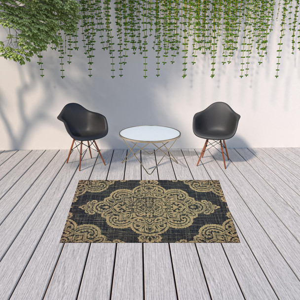 5' X 8' Black Oriental Stain Resistant Indoor Outdoor Area Rug