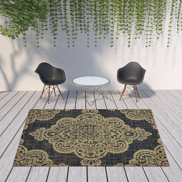 8' X 11' Black Oriental Stain Resistant Indoor Outdoor Area Rug