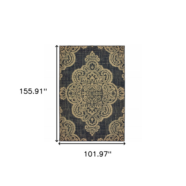 9' X 13' Black Oriental Stain Resistant Indoor Outdoor Area Rug