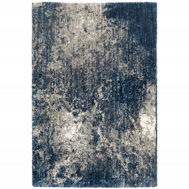 10' X 13' Blue And Grey Abstract Shag Power Loom Stain Resistant Area Rug