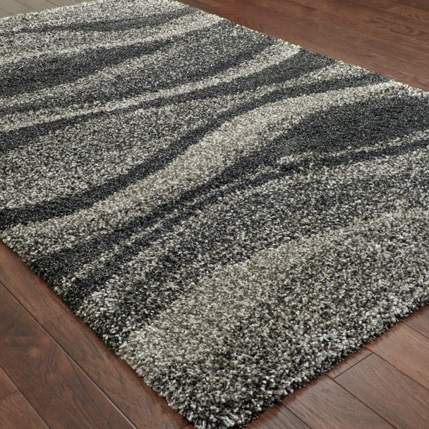 10' X 13' Charcoal Silver And Grey Abstract Shag Power Loom Stain Resistant Area Rug
