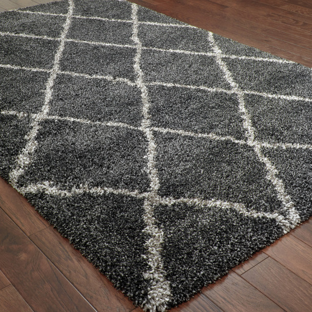 10' X 13' Charcoal And Grey Geometric Shag Power Loom Stain Resistant Area Rug