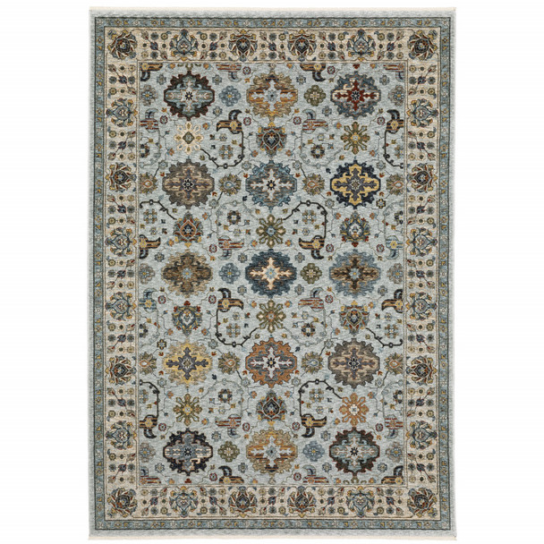 5' X 8' Blue Beige Grey Green Yellow And Rust Oriental Power Loom Stain Resistant Area Rug With Fringe