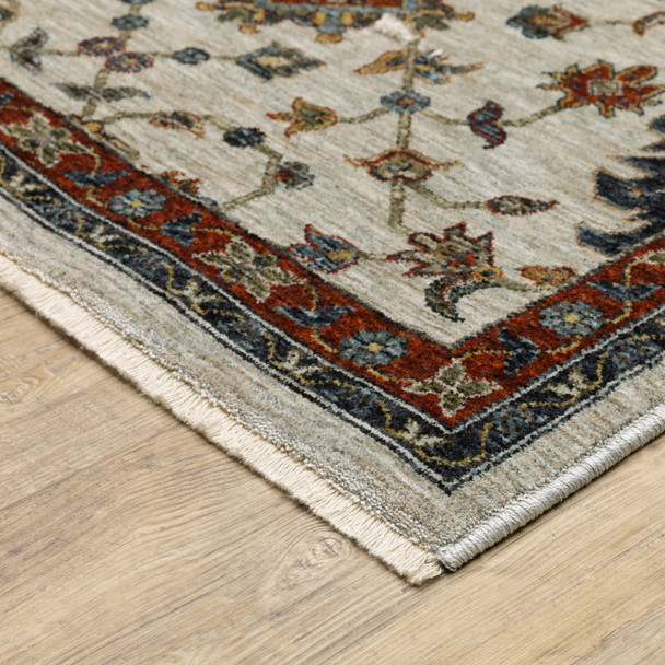 10' X 13' Beige Rust Red Blue Gold And Grey Oriental Power Loom Stain Resistant Area Rug With Fringe