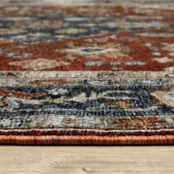 8' X 11' Blue Beige Tan Brown Gold And Rust Red Oriental Power Loom Stain Resistant Area Rug With Fringe