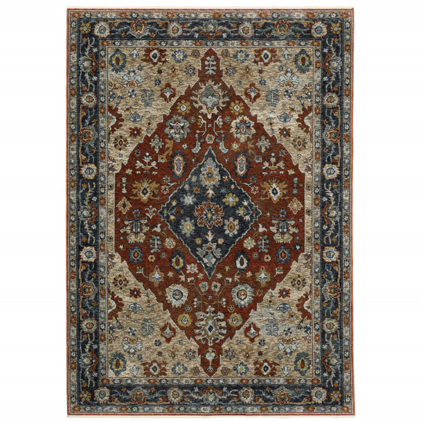 10' X 13' Blue Beige Tan Brown Gold And Rust Red Oriental Power Loom Stain Resistant Area Rug With Fringe
