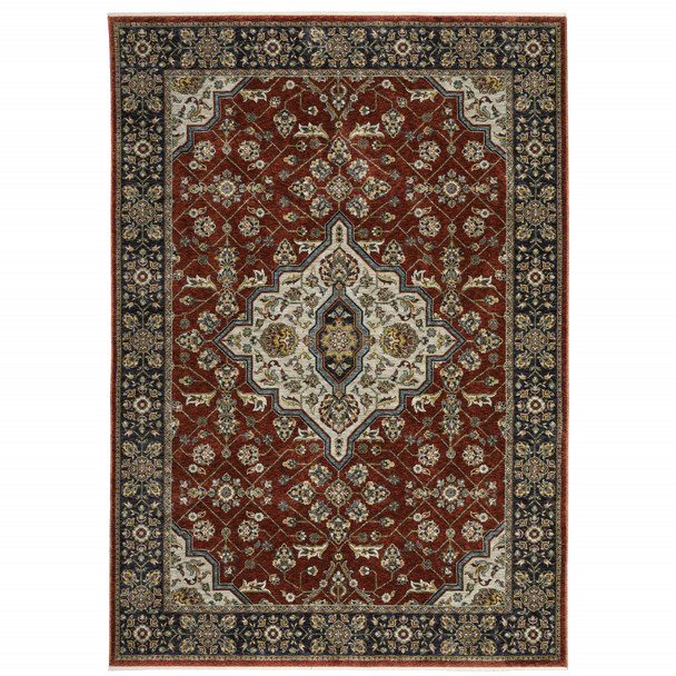 10' X 13' Red Ivory Blue Navy Gold And Grey Oriental Power Loom Stain Resistant Area Rug With Fringe