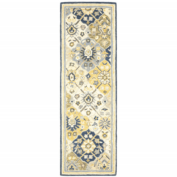 2' X 8' Blue Green Gold Navy And Ivory Geometric Tufted Handmade Stain Resistant Runner Rug