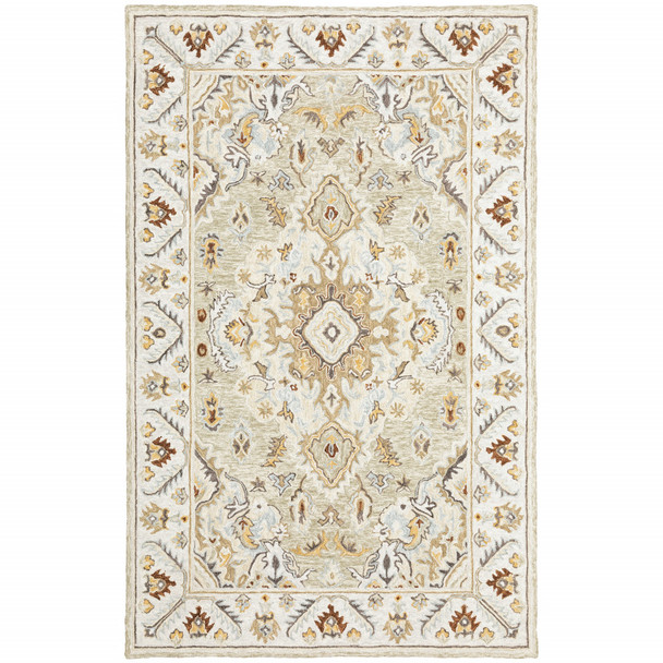 10' X 13' Ivory Beige Gold And Muted Grey Oriental Tufted Handmade Stain Resistant Area Rug