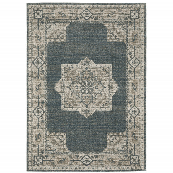 10' X 13' Blue And Beige Oriental Power Loom Stain Resistant Area Rug