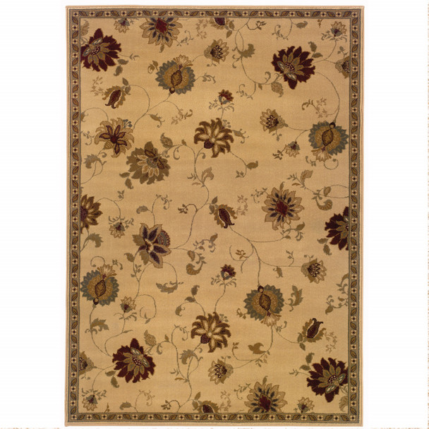 3' X 5' Ivory Green Brown Blue And Rust Floral Power Loom Stain Resistant Area Rug