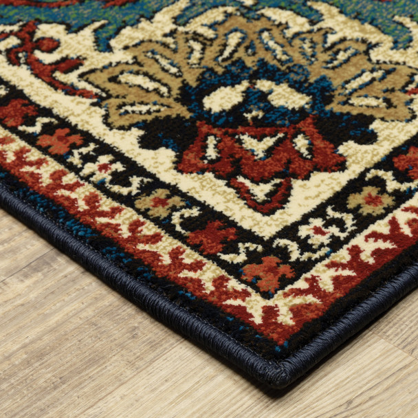 10' X 13' Blue Red And Beige Oriental Power Loom Stain Resistant Area Rug