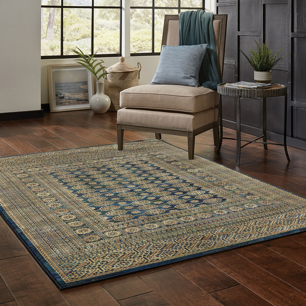 10' X 13' Blue And Gold Oriental Power Loom Stain Resistant Area Rug