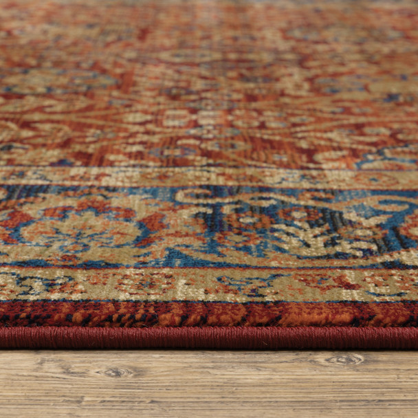 10' X 13' Red And Blue Oriental Power Loom Stain Resistant Area Rug