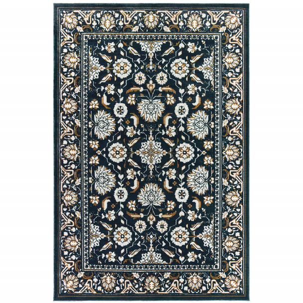 10' X 13' Navy Caramel And Ivory Oriental Power Loom Stain Resistant Area Rug