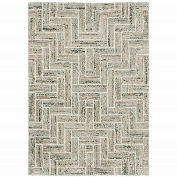 10' X 13' Ivory Beige Grey Brown Pale Blue And Charcoal Geometric Power Loom Stain Resistant Area Rug
