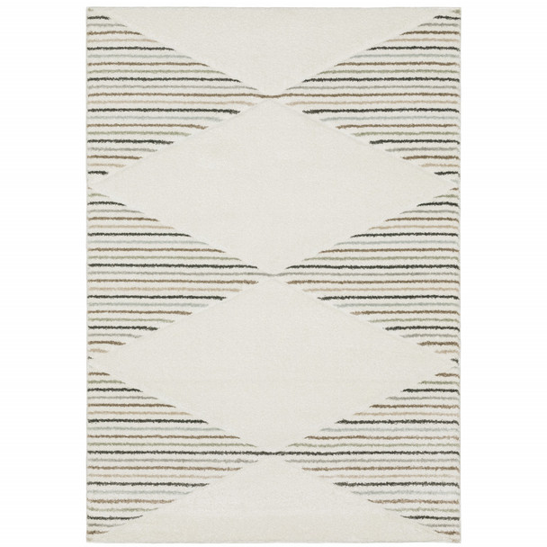 3' X 5' Beige Grey Sage Green Pale Blue Brown And Charcoal Geometric Power Loom Stain Resistant Area Rug