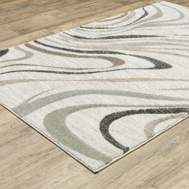 10' X 13' Beige Grey Brown Sage Pale Blue Tan And Charcoal Abstract Power Loom Stain Resistant Area Rug